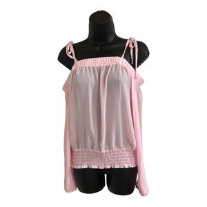 Pink cold shoulder sheer long sleeve smocked cuff waist blouse top size‎ medium